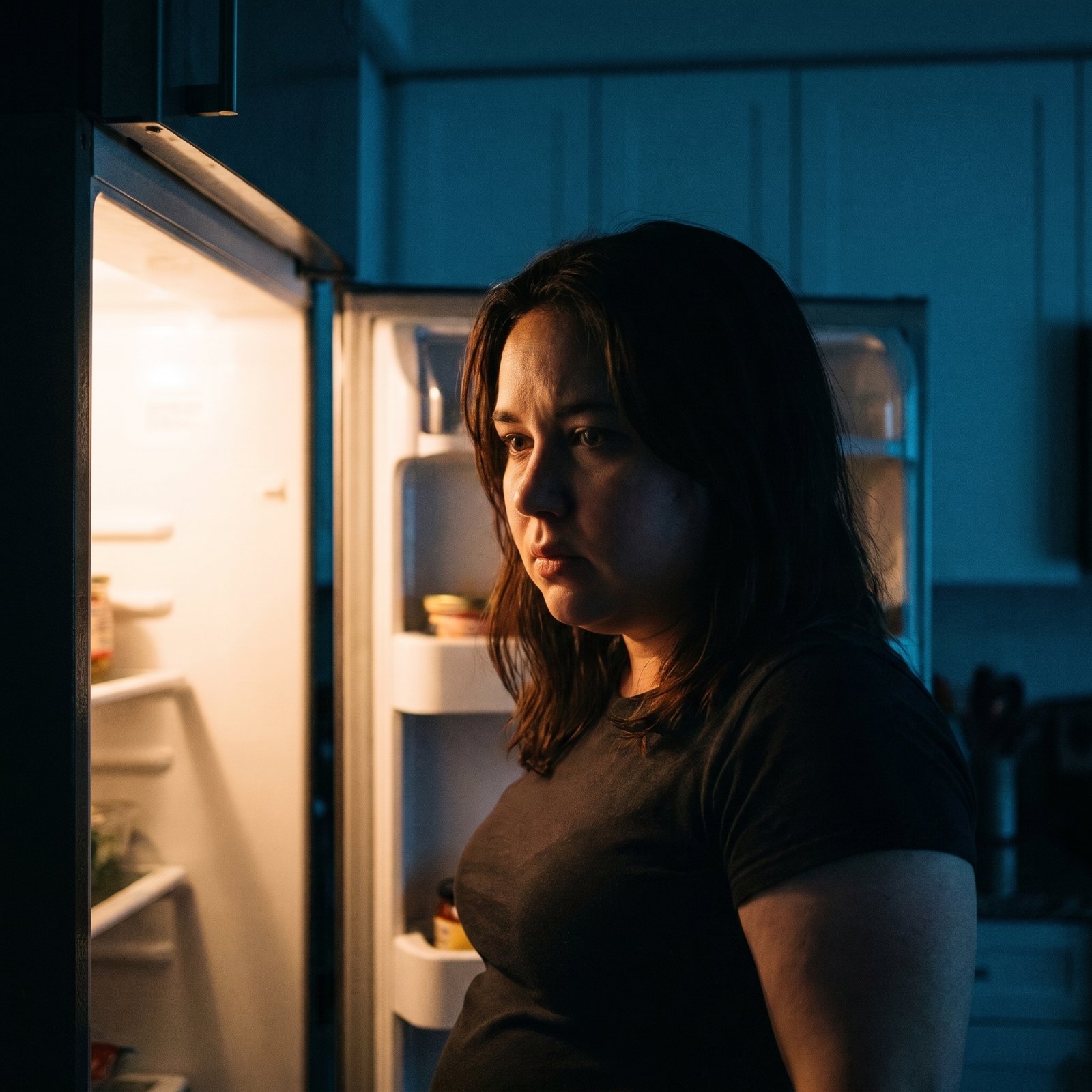 Woman standing at open fridge at night - food noise